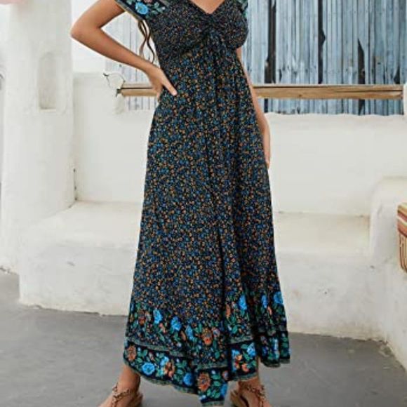 Women's Summer Floral Casual Short Sleeve Flowy Boho Beach Party Long Maxi Dress - Picture 3 of 5